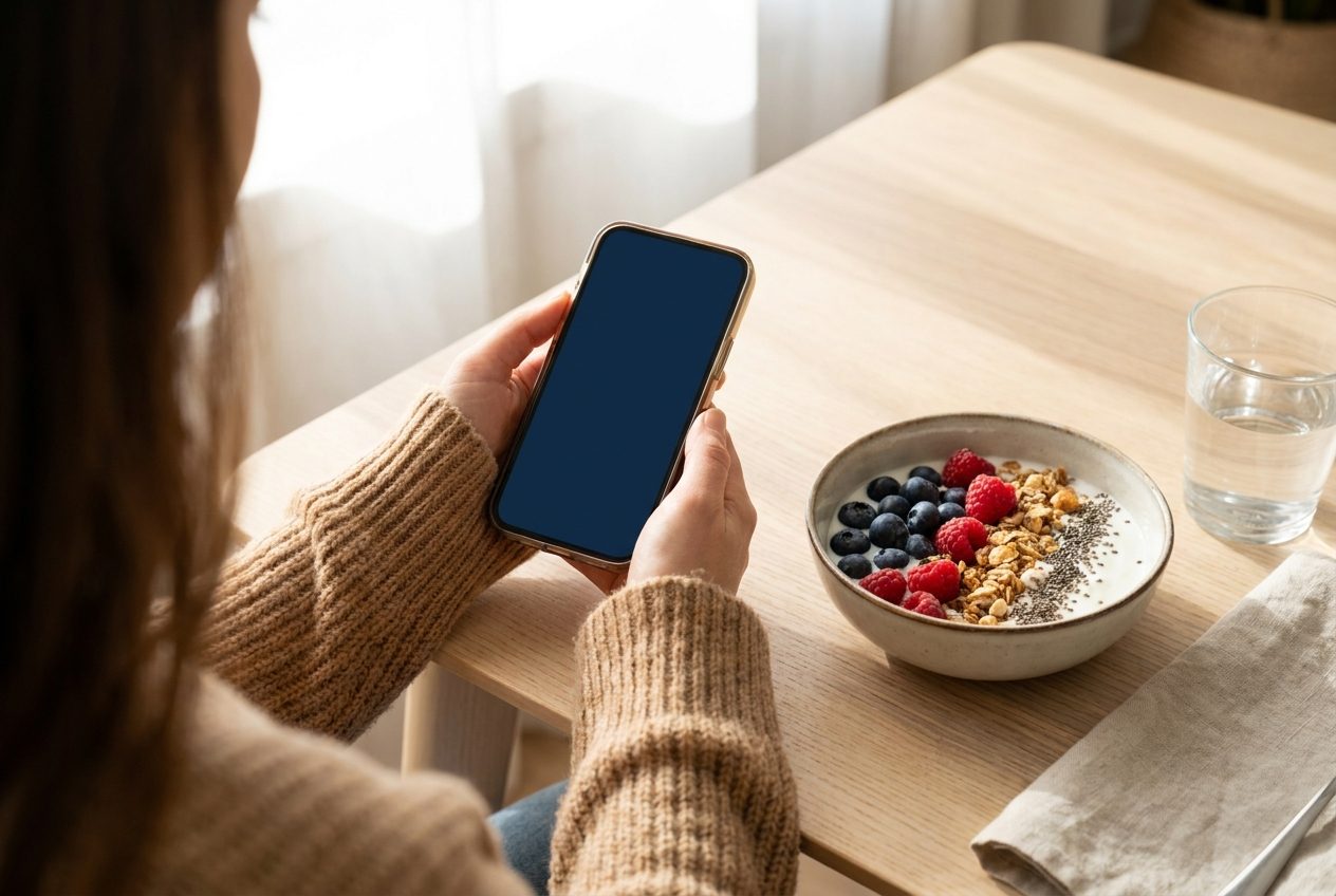 Checking in on the dietitian app at a healthy breakfast