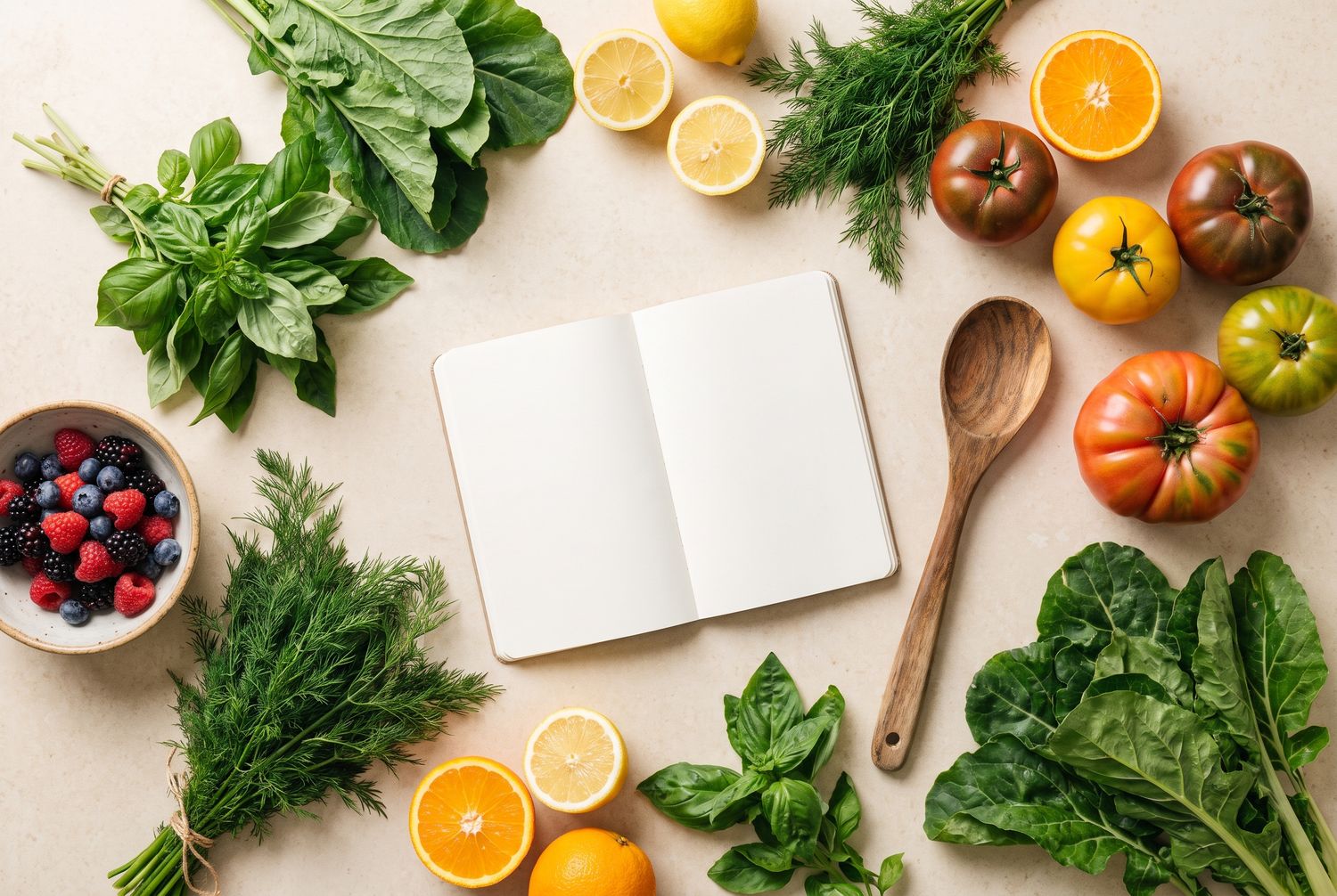 A bright overhead flat-lay of fresh vegetables, herbs, berries and a recipe notebook on a warm kitchen worktop