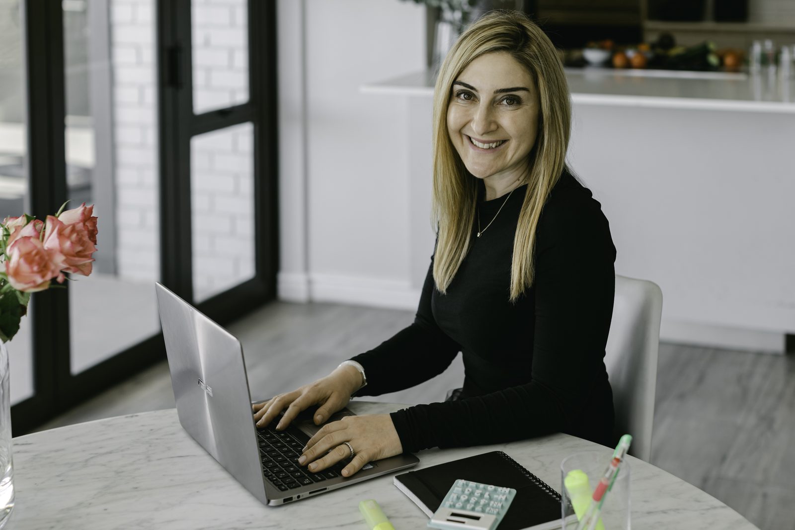 Lee Jaffe consulting online from her bright Sea Point kitchen