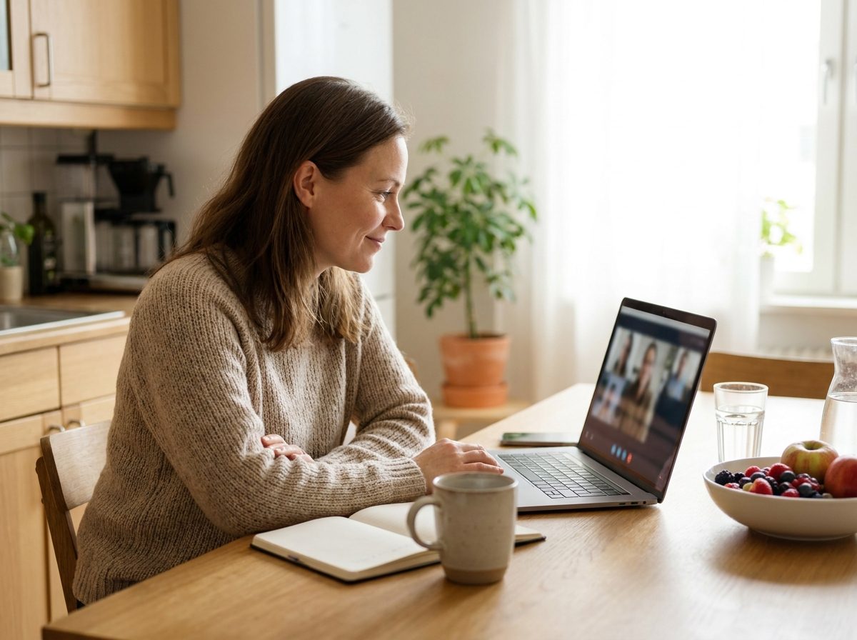 A woman in a friendly online dietitian video consultation at her kitchen table