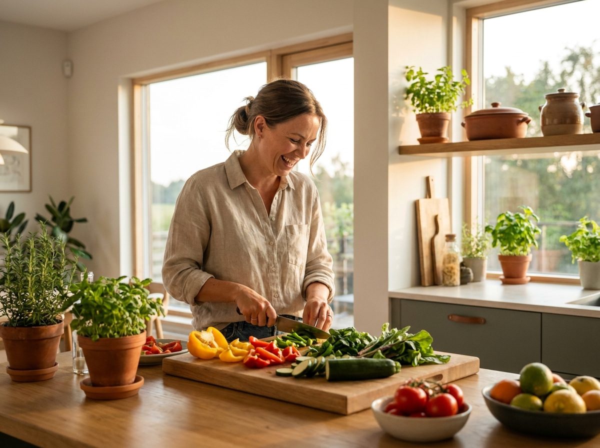 A woman cooking a colourful, healthy meal with fresh vegetables in a bright kitchen