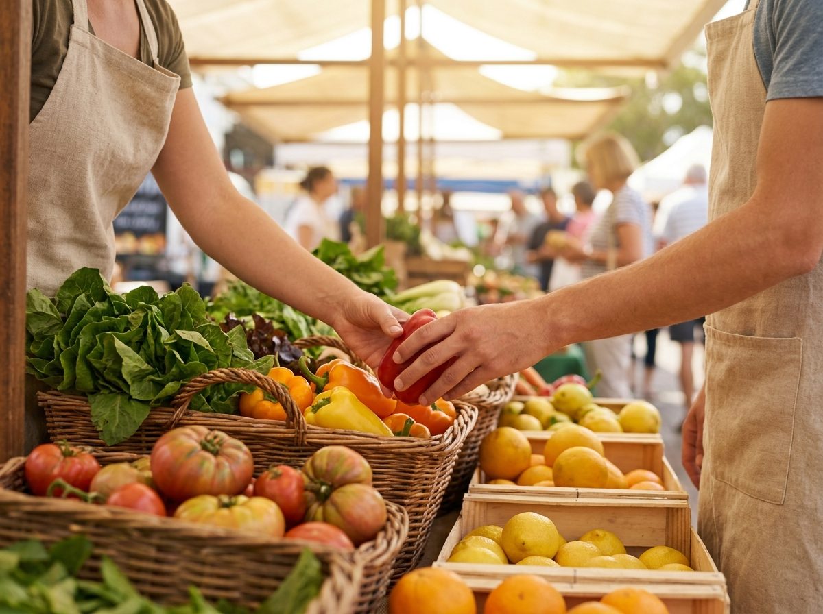 Colourful fresh fruit and vegetables on display at a local food market