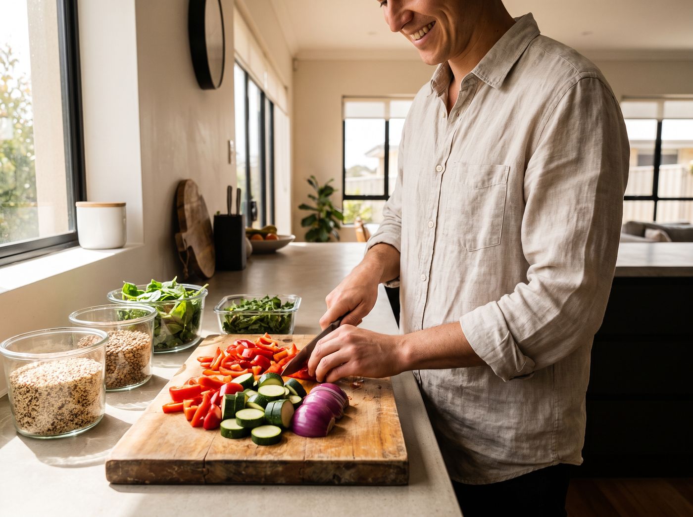 Fresh vegetables being chopped on a wooden board with healthy meal-prep containers in a bright kitchen