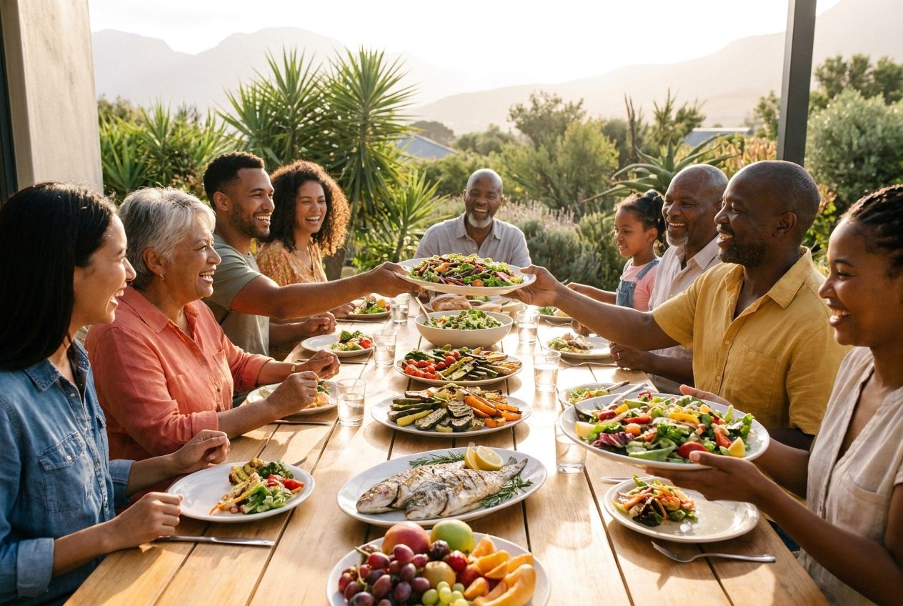 A family sharing a healthy, colourful meal together outdoors