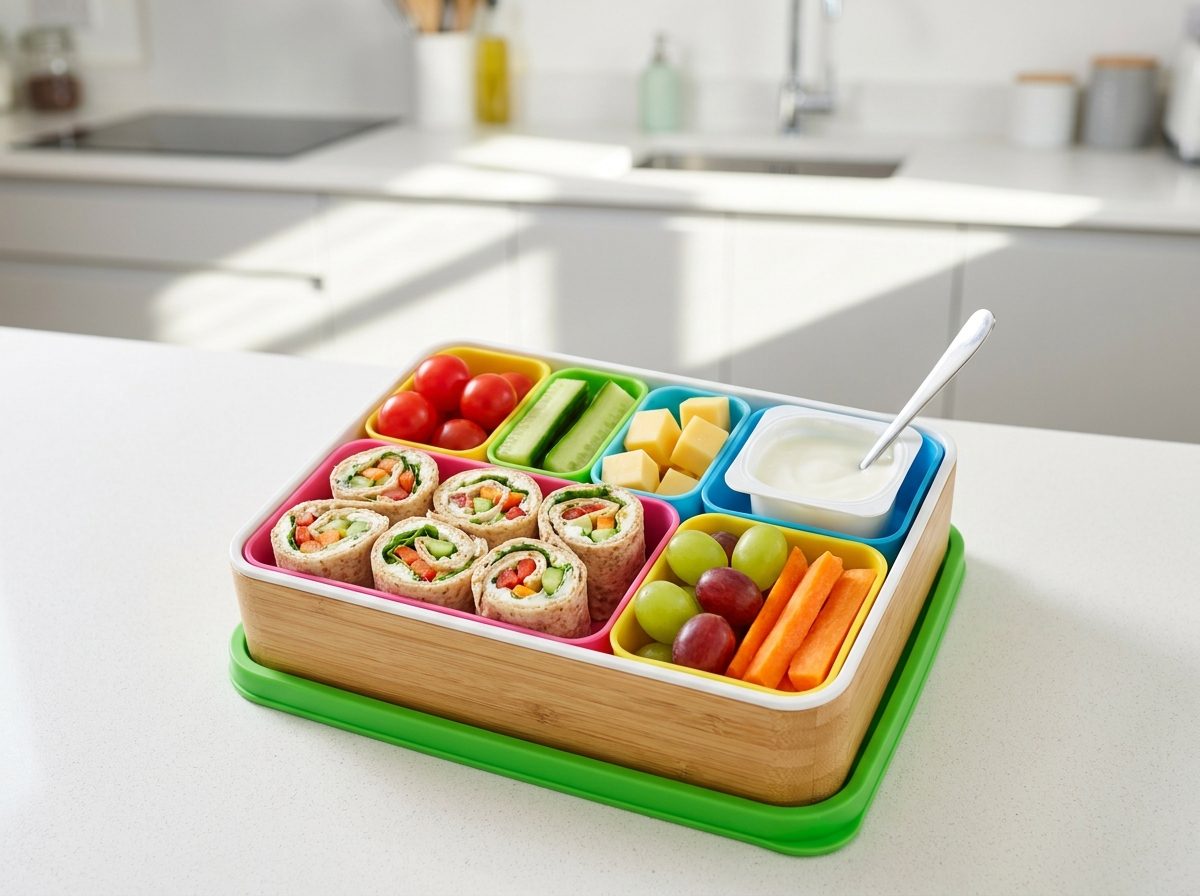 A healthy, colourful school lunchbox packed with balanced foods