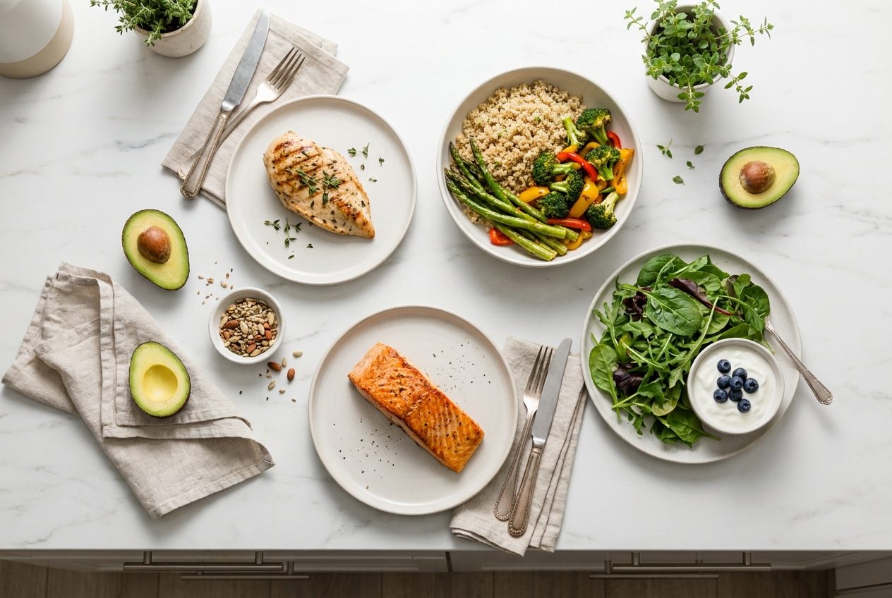 A high-protein balanced meal of chicken, salmon, quinoa and vegetables