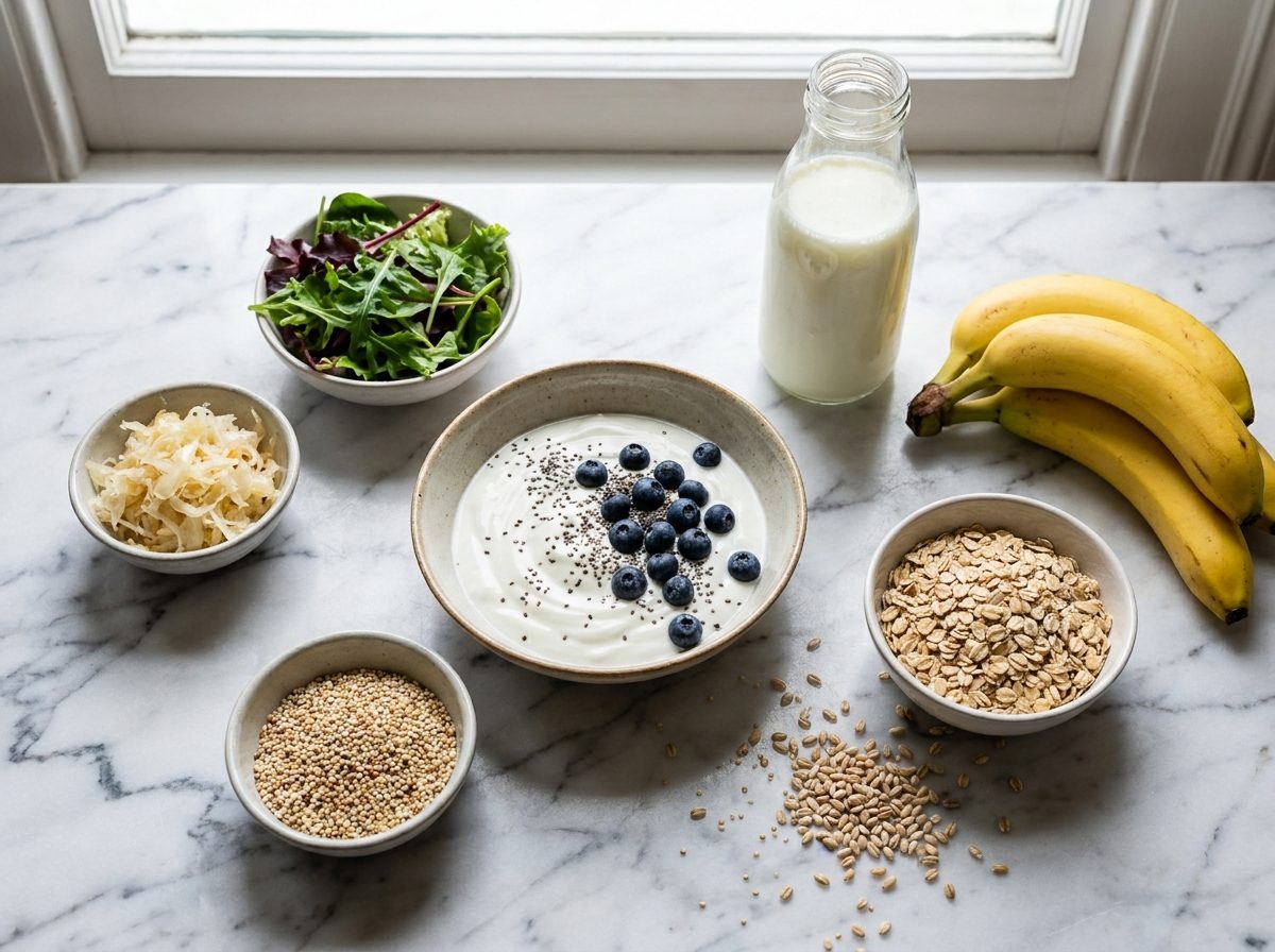 Gut-health foods including yoghurt and greens