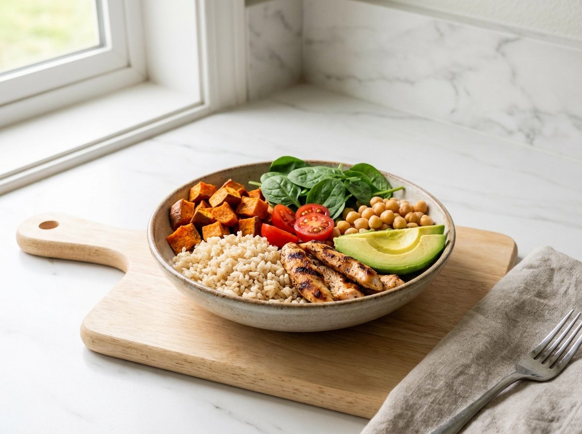 Colourful balanced lunch bowl